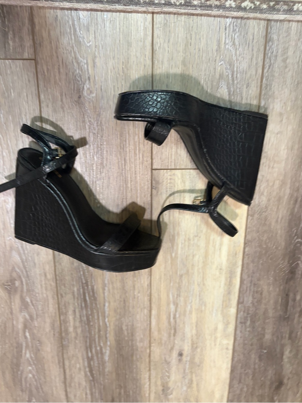 Express Black Croc-Textured Wedge Sandals with Ankle Strap